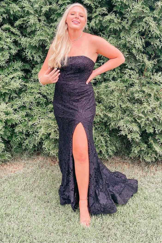 Vestido de fiesta de sirena sin tirantes de encaje